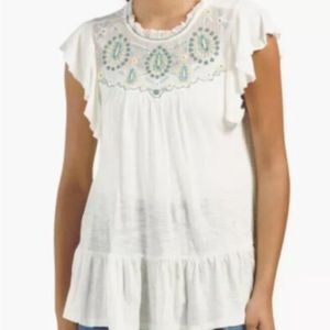 Lucky Brand Embroidered Boho Flutter Sleeve Blouse Top size L